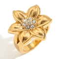 18K gold plated flower ring with sparkling crystals and wide band for women - Gold