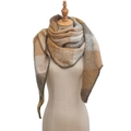 Detail of plaid triangle scarf with blanket stitching on mannequin in brown and beige - 02# Mustard Yellow