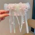 Pink and green organza bow hair clips with long tassels and pearl floral pendants - D156-9# Guse Blue Pink Tassel