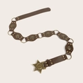 Close-up of vintage brown PU leather belt with sheriff star buckle and metal rivets - Brown Patchwork - Antique Bronze Sheriff Star Buckle