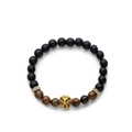 Tiger eye and matte black agate bead bracelet featuring a golden lion head and crystal spacers - Yellow Tiger Eye
