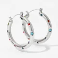 Silver-colored chunky round hoop earrings with vibrant multi-colored inlaid gemstones - Multi-color Zirconia Style (PDE1432) / Silver