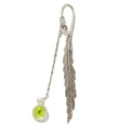 Silver feather metal bookmark with a clear glass pendant featuring a dried flower and pearl - Green Peach Blossom