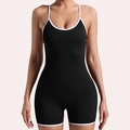 Women's black ribbed yoga bodysuit with white trim and criss-cross back straps - S / Black