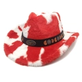 Detalle de sombrero vaquero de felpa con estampado de vaca y emblema de toro vintage - M (56-58cm) / Parte Superior de Corazón Rojo