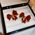 Deep red bow earrings with gold edges and tiny heart center in a premium jewelry box - Red Bow Stud Earrings (48# Silver Earring Post)
