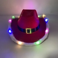 Red LED cowboy hat with white plush trim and colorful glowing fiber lights for parties - Christmas Red Cowboy Hat