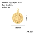 Detailed view of 23mm copper gold plated saint pendant with size and weight specs - P01009-Gold Round Colored Stones