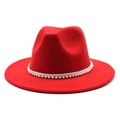 Close-up of red wool fedora hat featuring an elegant white pearl beaded band detail - M (56-58cm) / Red