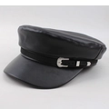 Classic black faux leather baker boy hat with stylish silver buckle decorative strap - One Size 58cm / Black Leather Strap
