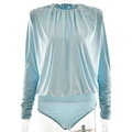 Dettaglio body celeste a maniche lunghe arricciate con scollo elegante e tessuto morbido - S / Blu
