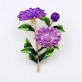 Exquisite gold floral brooch with purple enamel petals and green leaves design - Purple Double Flower
