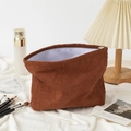 Trousse à maquillage en velours côtelé marron avec fermeture éclair spacieuse - Café Foncé
