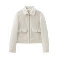 Women's cropped soft suede jacket in light grey with full zipper and collar detail - XS / White