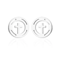 Detailed view of silver stainless steel round stud earrings with hollow cross design - 187-Cross / Steel