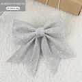 Silver sequin Christmas bow decoration with glitter finish for tree ornaments - 20cm / Silver