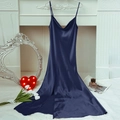 Elegant dark blue satin slip nightgown with cowl neck and side slit design - Navy Blue