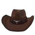 Dark brown straw cowboy beach hat with leather band and silver bull head decoration - One Size(56-58cm) / Coffee with Windproof Rope (Brown Bull Head)