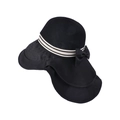 Women's wide brim sun hat with neck flap, breathable mesh top and striped bow accent - Double Layer Shawl / Black