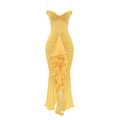 Elegant slim fit bright yellow V-neck maxi dress with mesh ruffles and fishtail hemline - XS / Yellow