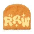 Detail of orange faux mink beanie showing fluffy texture and knitted RRW letter embroidery - M (56-58cm) / Yellow