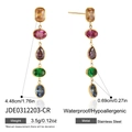 Detail of tiered earrings with colorful zircon stones in gold stainless steel finish - Multi-colored Zirconia Style (JDE0312203-CR)