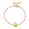 Detail of gold stainless steel bracelet featuring pink enamel beads and a coconut charm - Rose (SL1038)