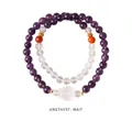 Double-layered beaded bracelet set with purple amethyst, clear crystals and white flower charm - Amethyst White Quartz Flower Style (WB335)