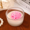Scented glass jar candle with pink flower wax topper on a rustic wooden tray - Vertical Striped Cup Pink Flower