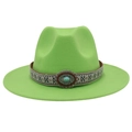 Détail du ruban jacquard ethnique avec boucle turquoise sur chapeau en feutre vert à bord large - M (56-58cm) / Vert Fruit