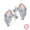 S925 sterling silver feather earrings with opal and cubic zirconia stones in silver finish - Opal Feather Stud - Silver