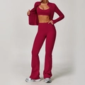 Completo yoga 3 pezzi rosso scuro con giacca zip, reggiseno e pantaloni a zampa - Taglia S / Top E Pantaloni / Rosso Lampone