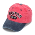 Detail view of the embroidered BOSTON 1630 text and washed cotton texture on kids cap - 52-56CM (2-6 Years) / Red & Navy Blue (E)