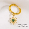 Detailed view of gold hoop earring with sun pendant and green gemstone inlay - African Jade Sun Flower