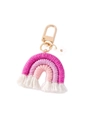 Detail of handmade deep pink and white cotton woven rainbow keychain with gold metal ring - White