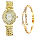 Dettaglio dell'orologio al quarzo ovale dorato con cristalli e bracciale in metallo - Orologio+Bracciale / Oro