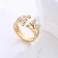 Adjustable gold butterfly ring with sparkling crystals on double-row parallel bands - US 6 / Gold