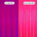 UV reactive pink tinsel curtain showing neon purple under blacklight vs normal light - 1*1m (Fluorescent Effect) / Neon Macaron Rose Red