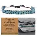 Blue arrow hematite cross bracelet with brown woven cord and Joshua 1:9 scripture card - Dark Brown Cord With Card / Cyan Blue