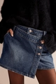Détail d'une jupe en jean bleu foncé avec patte de boutonnage asymétrique et boutons - Bleu clair