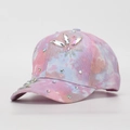 Detailed view of children's pink tie-dye baseball cap with sparkling rhinestone flower - One Size / Pink Purple Tie Dye