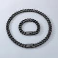 Classic black stainless steel Cuban link necklace and bracelet set with square clasp - Style B Black / 9mm Wide, 21cm Bracelet