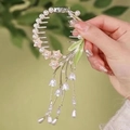 Golden hair claw with green leaves, pink flowers and elegant pearl tassels - F0441 Gold Pink Tassel