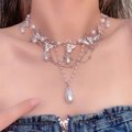 Silver butterfly pearl tassel necklace with sparkling rhinestones for women - 72#X4120 (Butterfly Artificial Pearl Tassel Necklace)