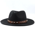 Detail of black straw fedora hat featuring a brown faux leather band with silver rivets - Black