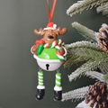 Campanella renna di Natale con sciarpa a righe e cappello da Babbo Natale appesa al pino - Renna Regalo-Campana Bianca-Corpo Intero