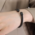 Minimalist black twisted cable cuff bracelet with double ball accents in a matte finish - Z015-Black Twisted Cable Ball Bracelet / Black