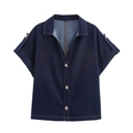 Camicia di jeans blu scuro da donna a maniche corte con bottoni dorati e colletto - XS / Tops / Blu scuro