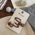 Cute brown polka dot hair clip set with knit flower details for little girls - Pearl Button Cherry Hair Clip