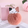 Cute fortune cat keychain featuring pink faux rabbit fur pompom and metal gold-tone hook - Dusty Pink